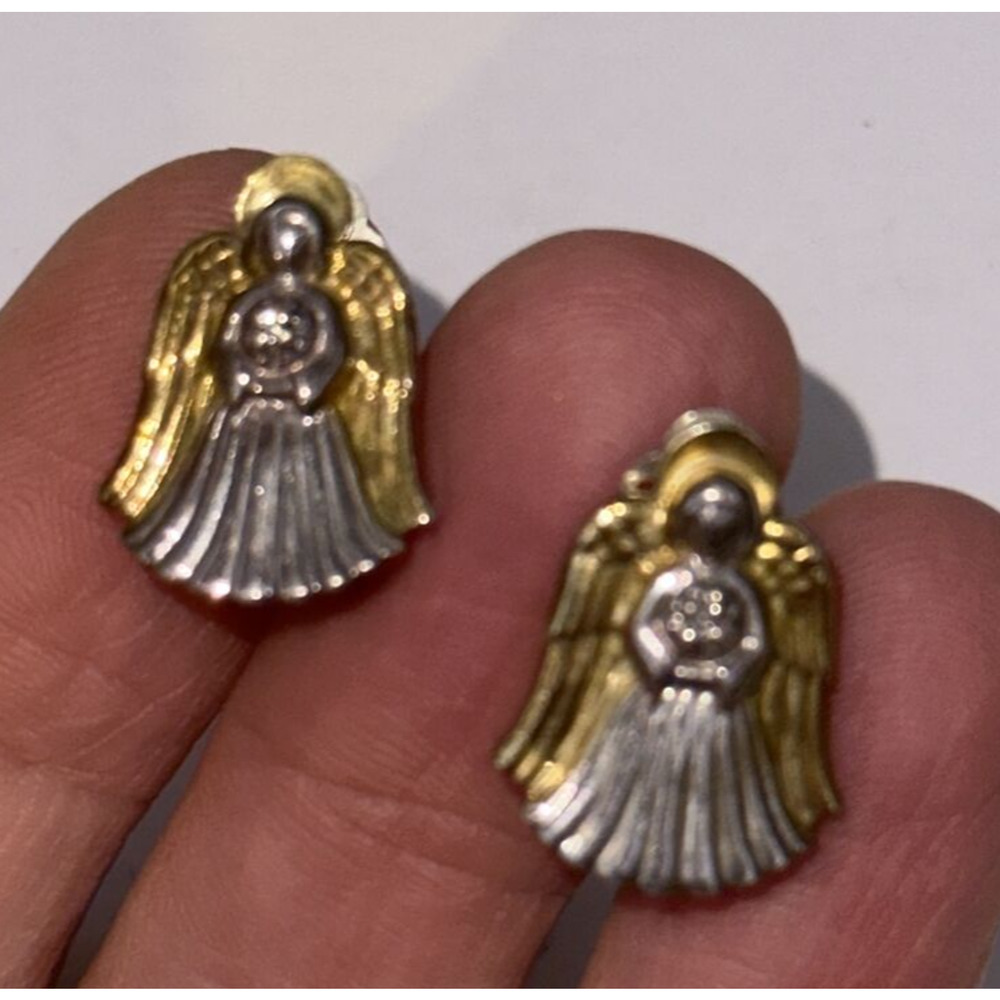 VTG Gorman Sterling Silver Clip On Earrings Angel Diamonds Stamped 925 Two Tone